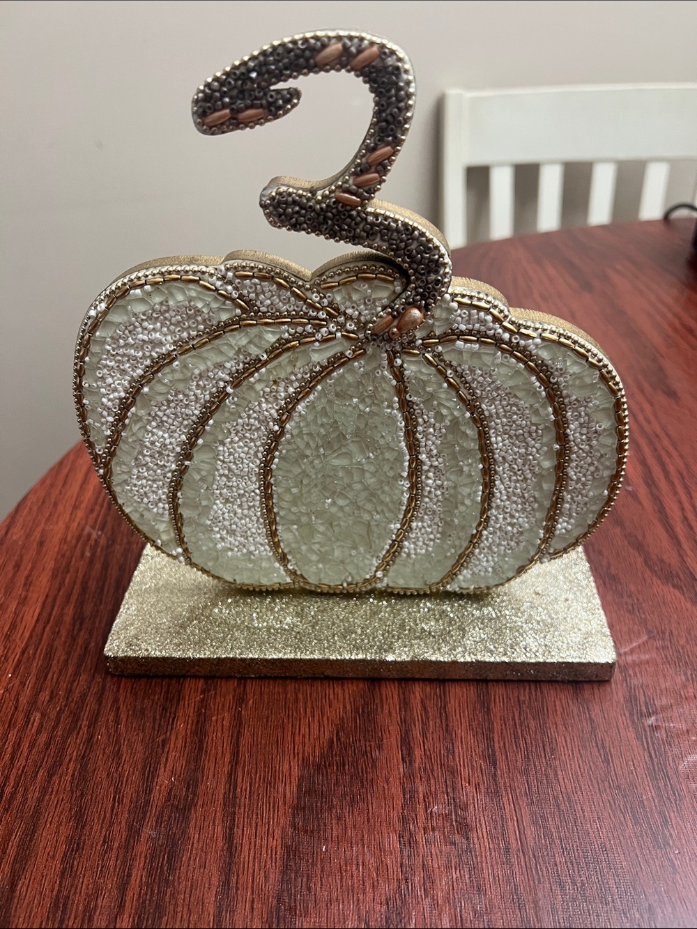 Beaded White and Gold Accent Pumpkin Holiday Décor